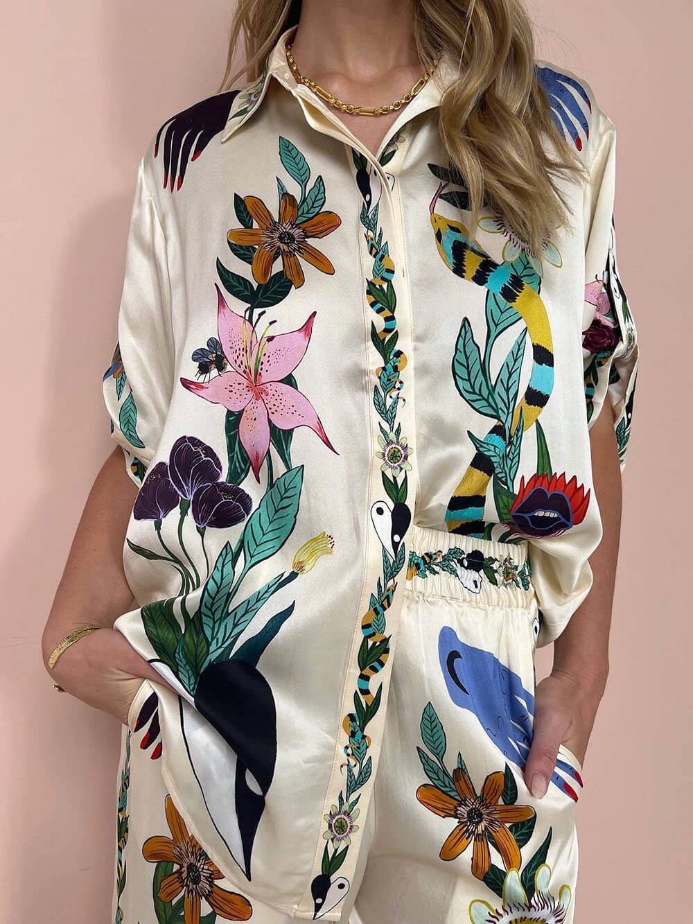 Cream Floral & Animal Print Satin Button-Up Shirt and Pants Set Pajama Daywear